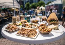 Stehtisch auf einem Streetfood-Festival mit verschiedenen Streetfood-Gerichten. © stadtleben.de
